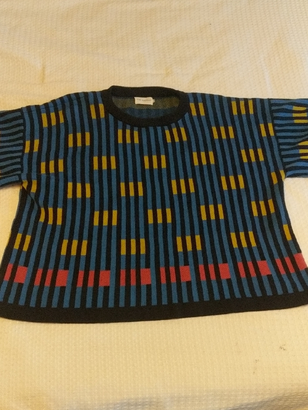 Blue Striped Short-Sleeve Knit Top with Yellow and Pink Accents - Picture 4 of 11
